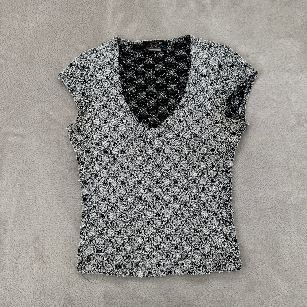 Vintage 90s Eye Candy‎ Textured Knit Top Womens S White Black Stretch Blouse USA